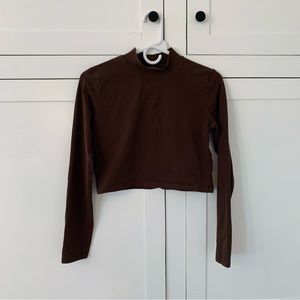 Zara Chocolate Brown Mock Neck Crop Long Sleeve Top Size Small